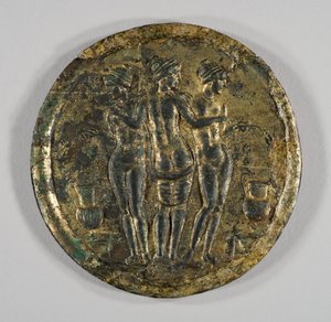Spiegel mit Darstellung der drei Grazien, 2. Jahrhundert (Silber, vergoldete Bronze)