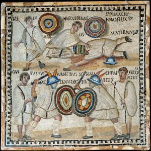 Mosaik, das den Kampf zwischen zwei Equites namens Simmachius und Maternus darstellt, römisch, 3. Jahrhundert n. Chr.