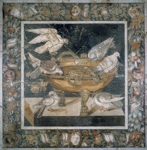Mosaik aus Pompeji mit einer Gruppe von Tauben auf dem Rand eines Labrum