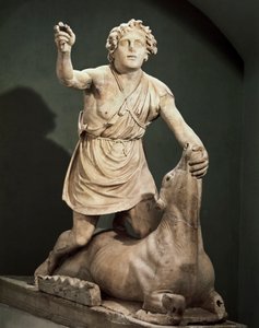 Pentelischer Marmor Mithras tötet Stier, signiert von Kriton aus Athen, aus dem Mithräum der Bäder von Mithras, Ostia Antica (Marmor) von Roman