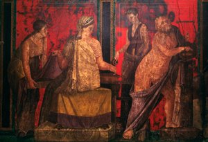 Priesterin und ein Silen, der eine Lyra spielt, Szene aus der Einweihung in die dionysischen Mysterien, Triclinium der Villa der Mysterien, Pompeji