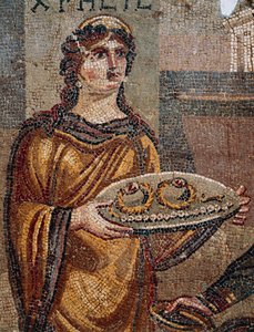 Gefangene Chresis übergibt ihrem Entführer Agamemnon die Schlüssel ihres Lösegeldes, Detail aus dem Mosaik von Chresis in Daphne, Antiochia, Türkei von Roman