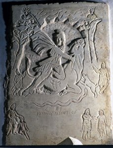 Relief, das die iranische Gottheit Mithra (oder Mitra) zeigt, wie sie den Stier schlachtet, ein mit ihr verbundenes Tier. 4. Jahrhundert. Palazzo dei Conservatori, Rom.