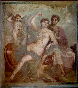 Darstellung von Ares und Aphrodite, begleitet von Liebesgöttern, die mit den Waffen des Gottes spielen. Fresko aus der Villa von Mars und Venus in Pompeji. 1. Jahrhundert n. Chr. Archäologisches Museum von Neapel