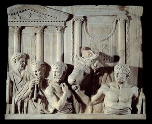 Römische antike Kunst: Fragment eines architektonischen Reliefs: Vorbereitung eines Opfers. Marmorskulptur, aus Rom