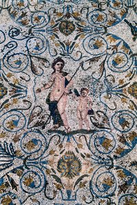 Römische Kunst: Mosaik aus dem 4. Jahrhundert n. Chr. aus der römischen Villa des Amphitheaters. Merida, Museo Nacional de Arte Romano, Spanien