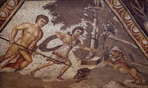 Römische Kunst: Mosaik der Jahreszeiten aus dem Hof der Konstantinsvilla von Daphne, das zwei Jäger darstellt. Detail. Aus dem Vorort von Antiochia am Orontes (heutiges Antakya in Syrien). 325-330 n. Chr. Paris, Musee du Louvre