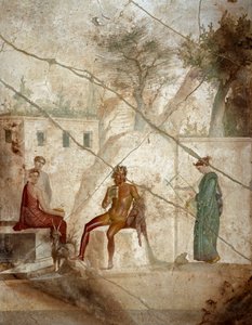 Römische Kunst: Pan als Musiker mit Nymphen. Fresko, Meister Chiaro zugeschrieben. 1. Jahrhundert. Aus Pompeji. Neapel, Museo Archeologico Nazionale