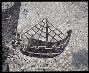 Römische Kunst: „Schiff“ Mosaik der Corporation des Seefahrervolks, Place des Corporations