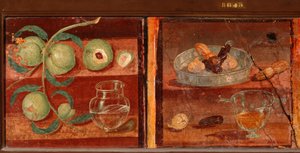 Römische Kunst: „Stillleben mit Pfirsichen und Trockenfrüchten“ Römisches Fresko aus Pompeji. 1. Jahrhundert v. Chr.-1. Jahrhundert n. Chr. Nationales Archäologisches Museum von Neapel. Italien von Roman
