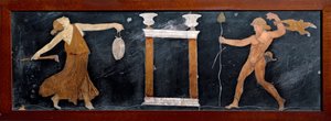 Römische Kunst: Der Tanz einer Mänade und eines Satyrs nahe einem kleinen Tempel von Roman