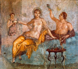 Römische Kunst: Bankettszene, ein junger Mann und eine Kurtisane. Römisches Fresko des 4. pompejanischen Stils von der Stätte Ercolano (Herculaneum) 60-80 n. Chr. von Roman