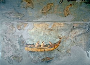Römische Kunst: Fischer auf einem Boot Fresko aus einem Haus in der Nähe eines Flusshafens von Rom. 131 n. Chr. Rom, Museo Nazionale Romano (o delle Terme)