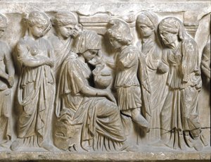 Römische Antike: „Die Traurigkeit des Phaedrus, verliebt und von Hippolytus zurückgewiesen“. Flachrelief eines Sarkophags namens „Phaedrus und Hippolytus“. 3. Jahrhundert n. Chr. Palermo, Museo Archeologico Nazionale von Roman