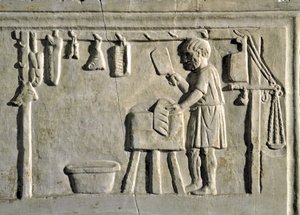 Römische Kunst: „ein Metzger in seinem Laden“ Basrelief, römische Zivilisation, 2. Jahrhundert n. Chr., Rom, Museo della Civilta Romana