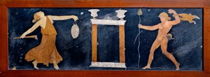 Römische Kunst: Eine Mänade und ein Satyr tanzen in der Nähe eines Tempels von Roman