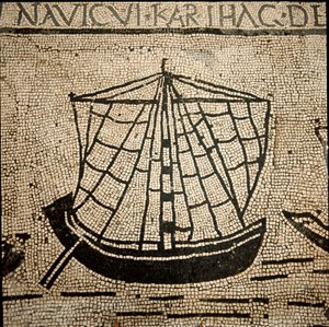 Römische Kunst: Frachtschiff. Mosaik des 3. Jahrhunderts n. Chr. Ostia, Piazzale delle Corporazioni, Italien