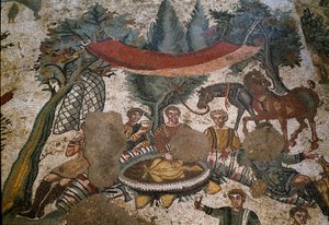 Römische Kunst: Detail des Mosaiks „Die kleine Jagdgesellschaft“ von Roman