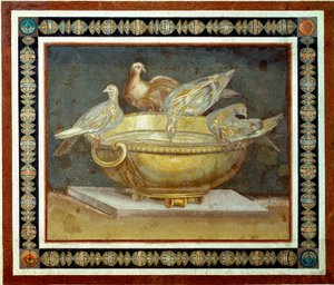 Römische Kunst: Vier Tauben trinken an einem Brunnen. Mosaik aus der Villa Adriana in Tivoli. 2. Jahrhundert n. Chr. von Roman