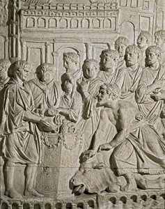 Römische Kunst: Flachrelief, das Sarmaten zeigt, die den Römern Tribut zollen (Reliefs der Säule des Marc-Aurele, 2. Jahrhundert n. Chr.)