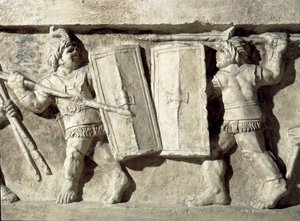 Römische Kunst: Flachrelief, das einen Gladiatorenkampf darstellt
