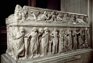 Römische Kunst: Marmorsarkophag mit Darstellungen der Musen und einer Bankettszene. Aus Ostia. 120-130 n. Chr. Paris, Louvre