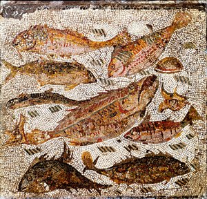 Römische Kunst: Mosaik, das Fische darstellt. 1. oder 2. Jahrhundert n. Chr. Aus der Villa dei Settimii, Via Cassia. Museo Nazionale Romano, Rom