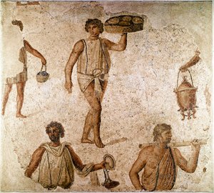 Römische Kunst: Diener bei einem Bankett. Fragment eines Mosaiks aus Karthago, Tunesien. 180-190 n. Chr. Paris, Louvre Museum von Roman