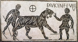 Römische Kunst: „Zwei Frauen zähmen einen Tiger“ (Mosaik aus Castro Pretorio in Rom) von Roman