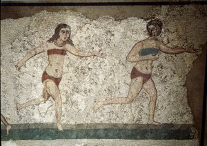 Römische Kunst: Junge Römer bei körperlichen Übungen. Sie tragen einen Lendenschurz und ein Strophium (Vorläufer des BHs). (Detail) Mosaik 315-350 n. Chr. Piazza Armerina, Villa Romana del Casale