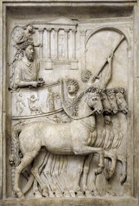 Römischer Kaiser Marcus Aurelius auf seinem Triumphwagen, 2. Jahrhundert (Marmorrelief)