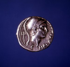 Silbermünze mit dem Abbild von Scipio Africanus (235 v. Chr. - 183 v. Chr.)