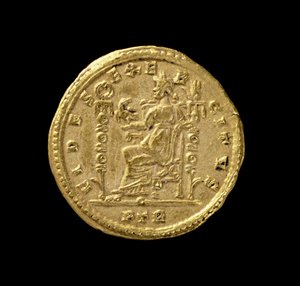 Solidus (Rückseite) von Konstantin I., der Große (306-337 n. Chr.) mit Fides, die links auf dem Thron sitzt. Inschrift: FIDES EXERCITVS