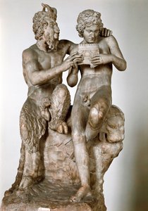 Statuette des Gottes Pan, der seinem Eromenos, dem Hirten Daphnis, das Flötenspiel beibringt. Römische Marmorskulptur nach einem griechischen Original. Nationales Archäologisches Museum von Neapel von Roman