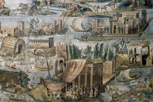 Tempel entlang des Nils, Detail aus dem Nil-Mosaik der Überschwemmung des Nils in Ägypten, aus dem Heiligtum der Fortuna Primigenia in Palestrina, Latium, Italien, römische Zivilisation