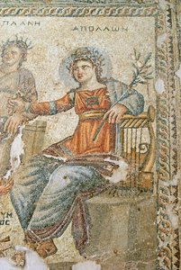 Das Apollo und Marsyas Mosaik, Detail von Plinius und Apollo, Haus des Aion, Paphos, Zypern