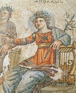 Das Apollo und Marsyas Mosaik, Detail von Plinius und Apollo, Haus des Aion, Paphos, Zypern