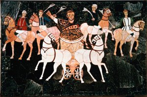 Der römische Konsul Iulius Annius Bassus auf einem Detail einer Quadriga der Sectile-Opus-Platte aus dem 4. Jahrhundert. Basilika des Junius Bassus (Basilica Iunii Bassi), Esquilin in Rom. Aufbewahrt im Konservatorenmuseum, Rom von Roman