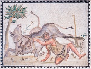 Der Pflüger mit Ochsen, 3.-4. Jahrhundert (Mosaik)