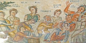 Die Vorstellung des Baby Dionysos durch Hermes an Silenus. Haus des Aion, Paphos, Zypern