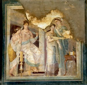 Toilettenszene und Kleidung einer Dame: Sklaven frisieren ein Mädchen. Aus Ercolano (Fresko)