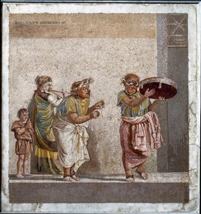 Reisende Musiker, die der Göttin Kybele huldigen. Mosaik nach dem Original von Dioskorides von Samos (2. Jahrhundert v. Chr.) im Haus des Cicero in Pompeji