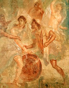 Odysseus und Diomedes erkennen Achilles, verkleidet als die weibliche Pyrrha, unter den Töchtern des Lykomedes in Skyros, aus Pompeji (Fresko)