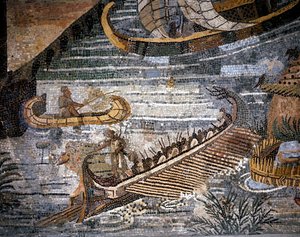 Eine römische Bireme (eine Art Galeere mit zwei Reihen) (Detail) eines Mosaiks in Palestrina.