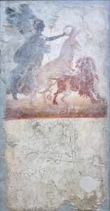 Ein Esel, der einen Löwen durchdringt, wird von der Göttin Victoria gekrönt, darunter ein Graffito mit Gladiatorenkampf, Insignien eines Ladens von Roman Roman