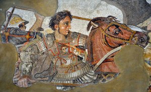 Alexander der Große (356 - 323 v. Chr.) auf seinem Pferd Bucephale - Detail eines Mosaiks von Pompeji: Schlacht von Issos zwischen Alexander und Darius von Roman Roman