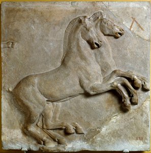 Biga (zweirädriger römischer Wagen, gezogen von zwei Pferden) (Relief) von Roman Roman
