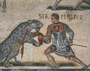 (Detail) eines Mosaiks eines Gladiatorenkampfes, ursprünglich aus Torre Nuova von Roman Roman