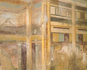 Detail des Freskos, Teil der Wanddekorationen, Haus des Labyrinths, Pompeji, Kampanien, Römische Zivilisation von Roman Roman