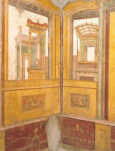 Detail der freskierten Wand in falscher Architektur, Haus der Vettii, Pompeji, Kampanien, römische Zivilisation von Roman Roman